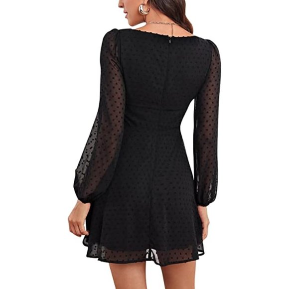 [NWT] Amazon Women's Black Polka Dots Square Neck Long Sleeve Dotted Mini Dress - Picture 2 of 2